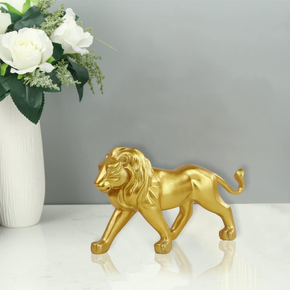 Lion Statue Sculpture, Resin Decorative Ornament, Collectible Figurine for Home, Office, Desktop (Gold, 7.7'' x 2.4'' x 5.1'')