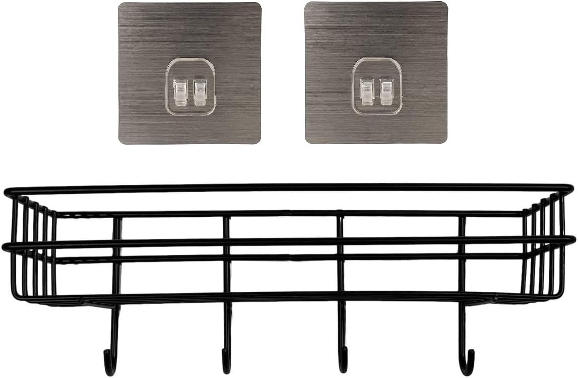 Bathroom Rack - Bathroom Shelves - Kitchen Storage – Multipurpose Rack and Shampoo Holder with 4 Hook - Adhesive Metal Shelf Without Drilling (Black) (Bathroom and Kitchen Shelves with Hook)