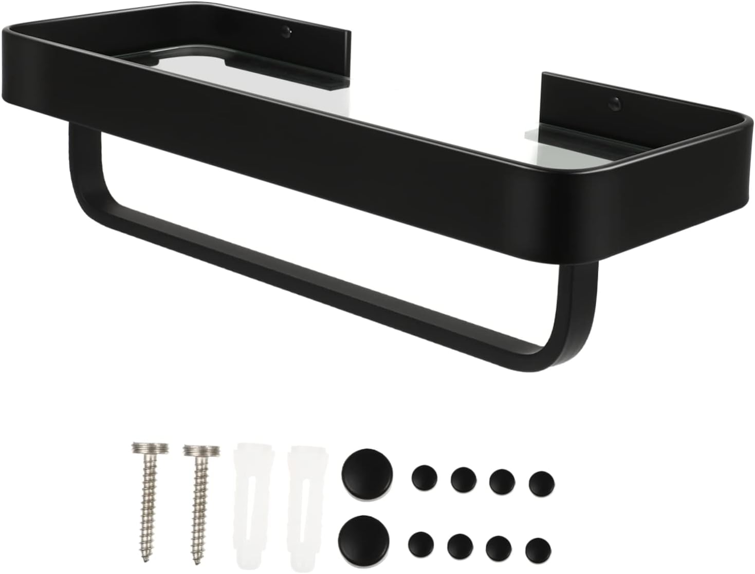 Floating Bathroom Shelf with Towel Holder Wall Mounted Storage Organizer Glass Makeup Vanity Rack for Bathroom Toilet and Kitchen No Drill Installation Space-Saving Design