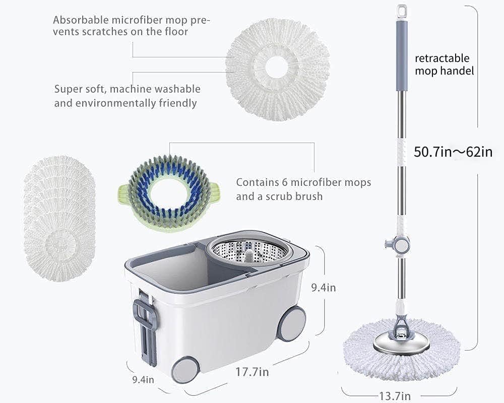 Spin Mop Bucket Deluxe 360 Spinning Floor Cleaning System with 6 Microfiber Replacement Head Refills,62" Extended Handle,4X Wheel for Home Cleaning