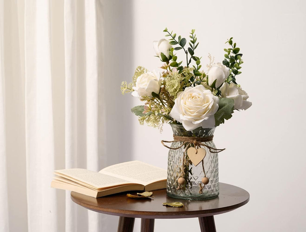 Fake Flowers with Vase, Silk Roses Artificial Flowers in Vase, Faux Flower Plant Arrangement Suitable for Home Office Decoration, Dining Table Centerpiece(White)