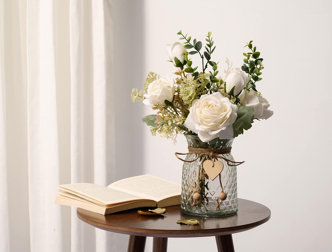 Fake Flowers with Vase, Silk Roses Artificial Flowers in Vase, Faux Flower Plant Arrangement Suitable for Home Office Decoration, Dining Table Centerpiece(White)