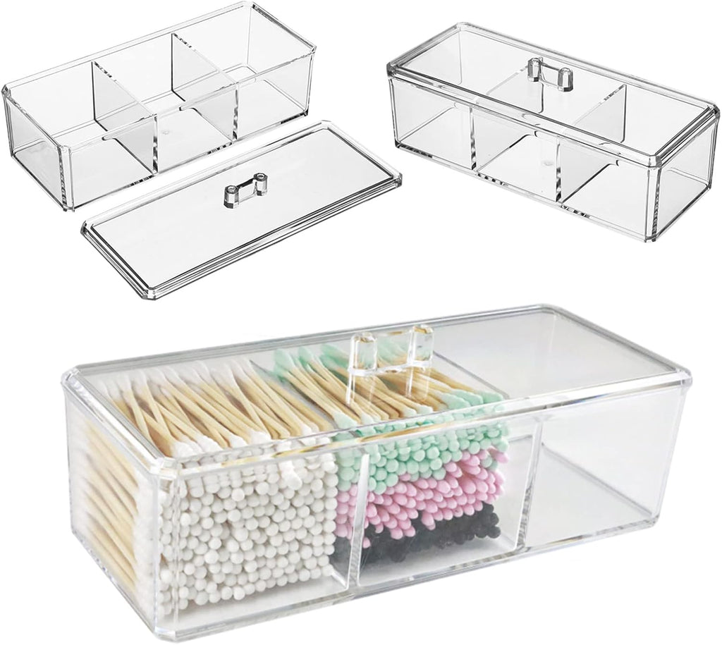 Clear Cotton Ball and Swab Holder 3 Divided Compartments with Lid, , Waterproof Bathroom Organizers Small Plastic Storage Containers, Vanity Makeup Organization (A)
