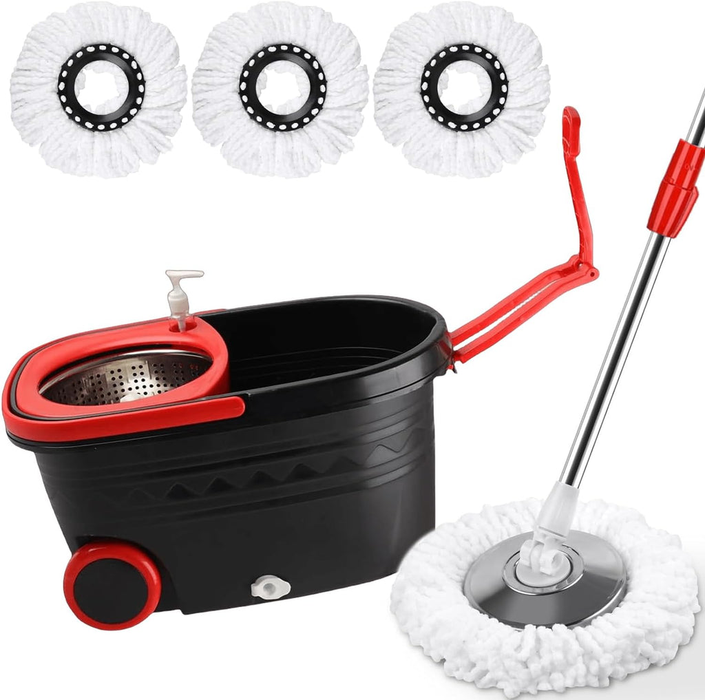 mop and Bucket Set with Wringer - 360° Rotating Mop Bucket Floor Cleaning System on Wheels, 3 Microfiber Mop Refills for Fast Cleaning, Extendable 61"" Stainless Steel Handle, Black&red