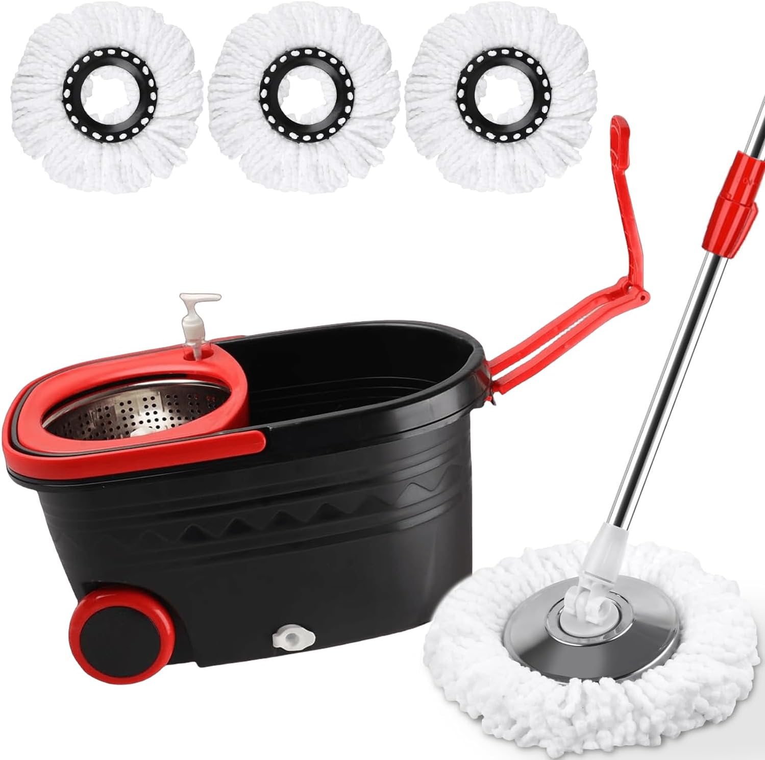 mop and Bucket Set with Wringer - 360° Rotating Mop Bucket Floor Cleaning System on Wheels, 3 Microfiber Mop Refills for Fast Cleaning, Extendable 61"" Stainless Steel Handle, Black&red