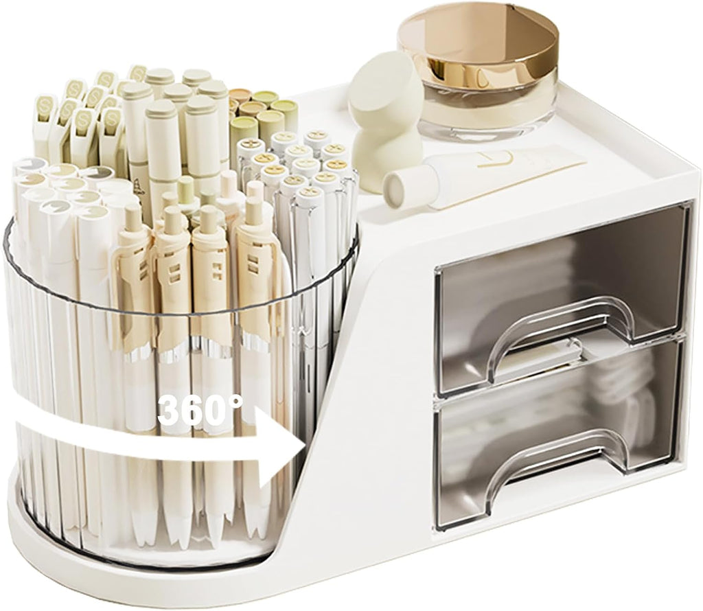 Rotating Desk Organizer with 2 Drawer 6 Slots Multi-Functional Pencil Pen Holder Desktop Makeup Organizer Stationery Accessories Storage Box Caddy for Office School Home Art Supplies (White)