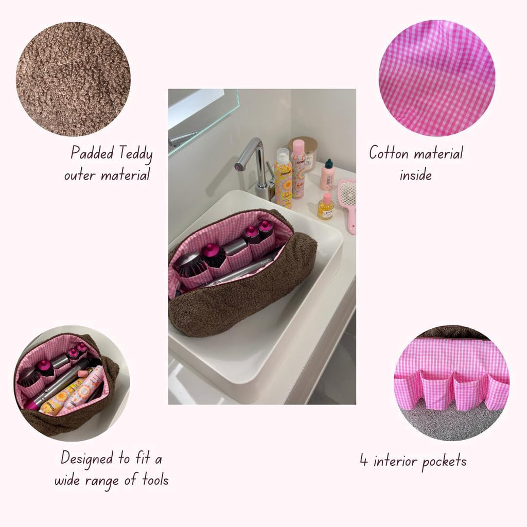 Sherpa Travel Bag for Hair Tools&Attachments–Compatible with Dyson ,Shark, Travel Storage Bag, Portable case Organizer,multifaction Large brown Cosmetic Bag with Pockets, Pink, Casual