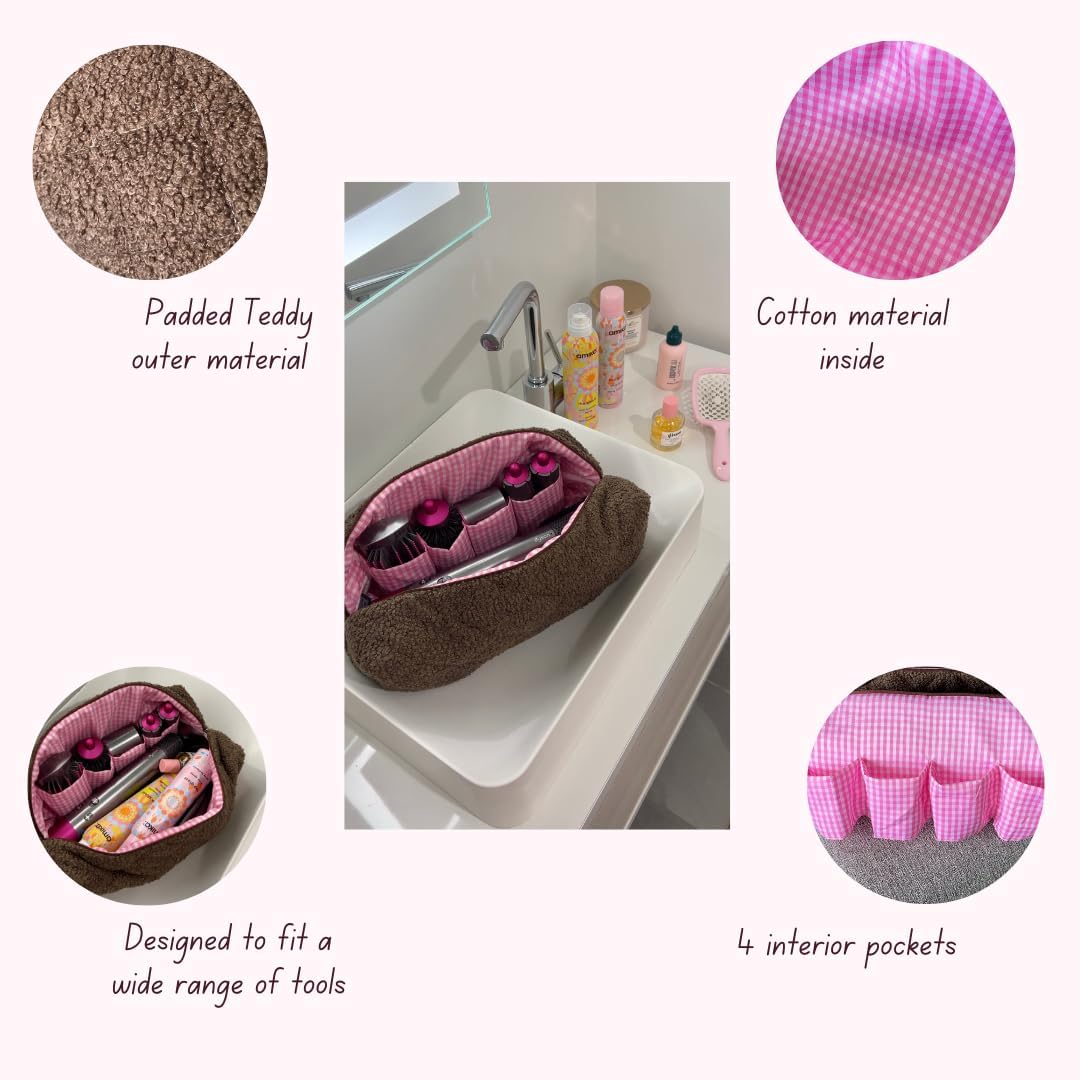 Sherpa Travel Bag for Hair Tools&Attachments–Compatible with Dyson ,Shark, Travel Storage Bag, Portable case Organizer,multifaction Large brown Cosmetic Bag with Pockets, Pink, Casual