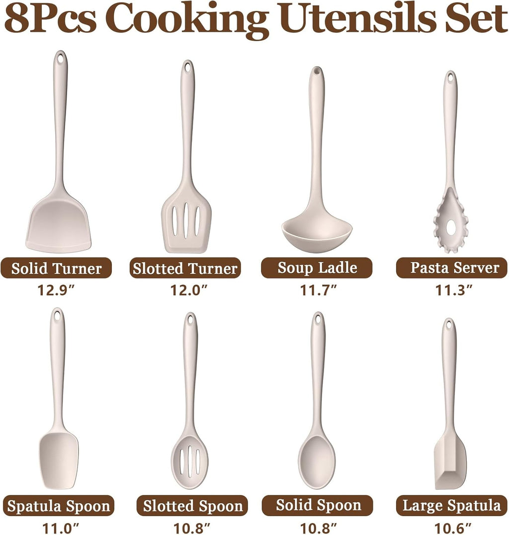 8Pcs Kitchen Cooking Utensils Set, Silicone Cooking Utensil Set, Heat Resistant Kitchen Tools for Nonstick Cookware, Includes Silicone Spatula, Spoon, Ladle, Turner, Dishwasher Safe, Khaki