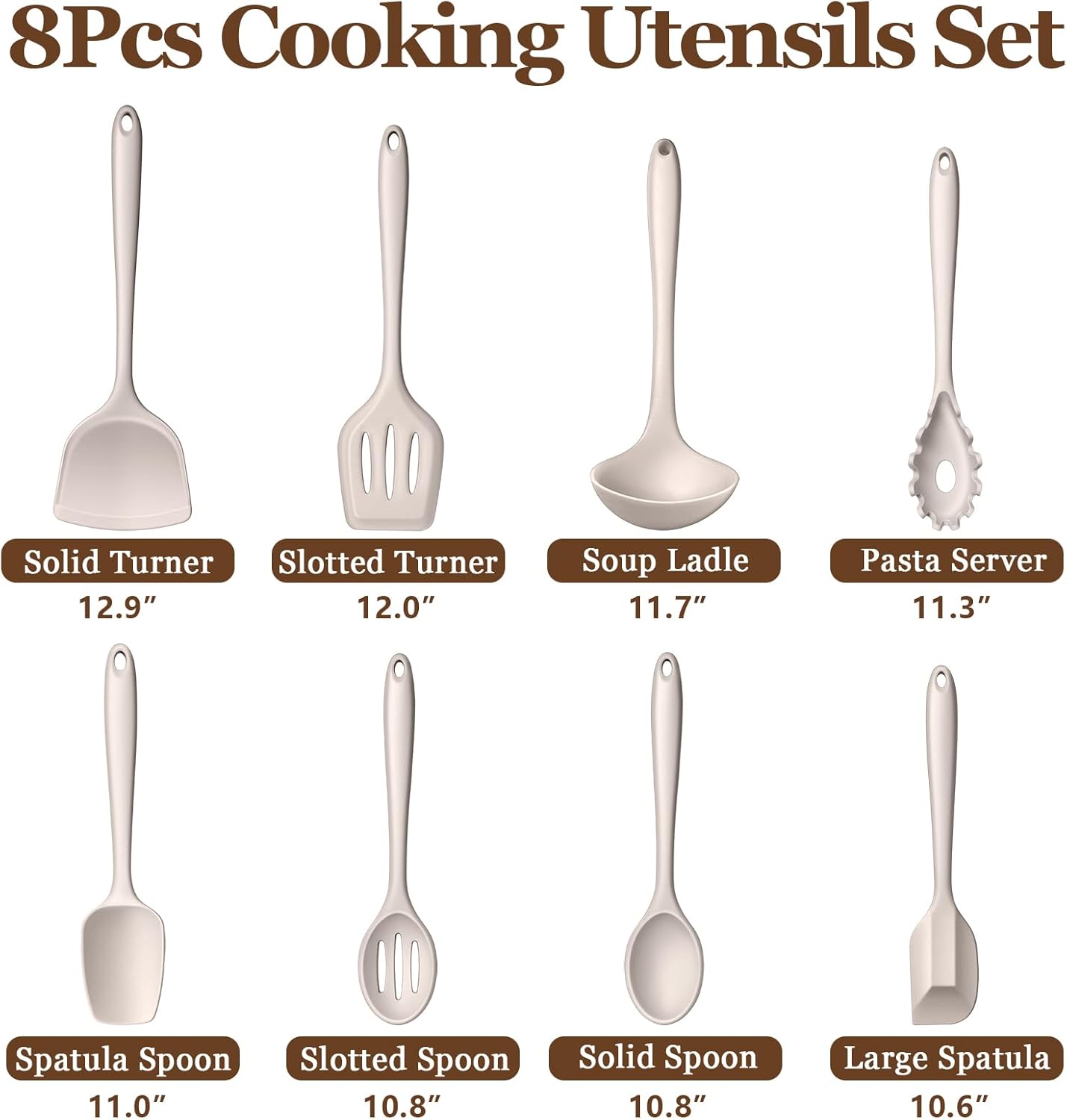 8Pcs Kitchen Cooking Utensils Set, Silicone Cooking Utensil Set, Heat Resistant Kitchen Tools for Nonstick Cookware, Includes Silicone Spatula, Spoon, Ladle, Turner, Dishwasher Safe, Khaki