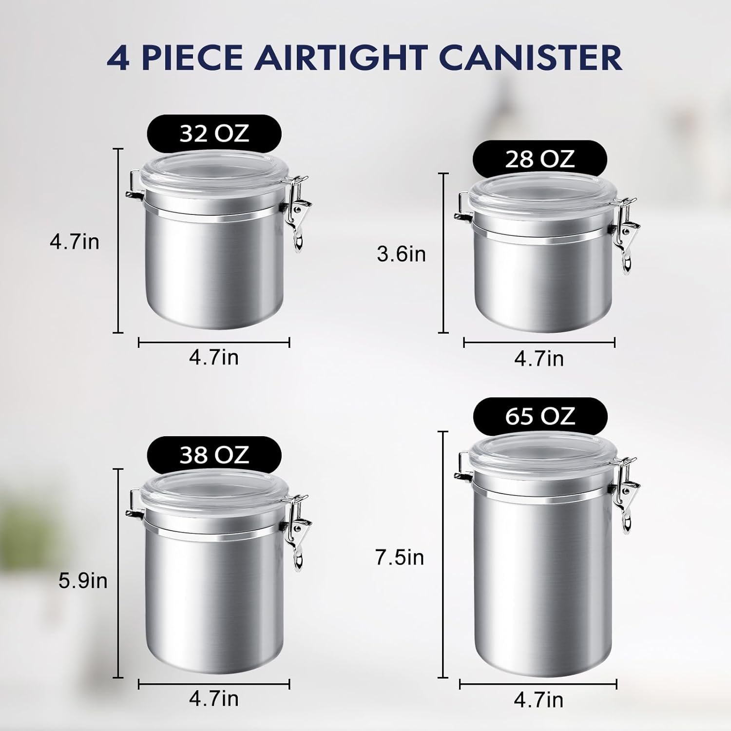 4-Piece Stainless Steel Airtight Food Storage Canister Set with Clear Lid, Containers Sets for Kitchen Counter for Sugar, Flour, Tea, Candy, Cookie, Spice, 28/32/38/65 oz