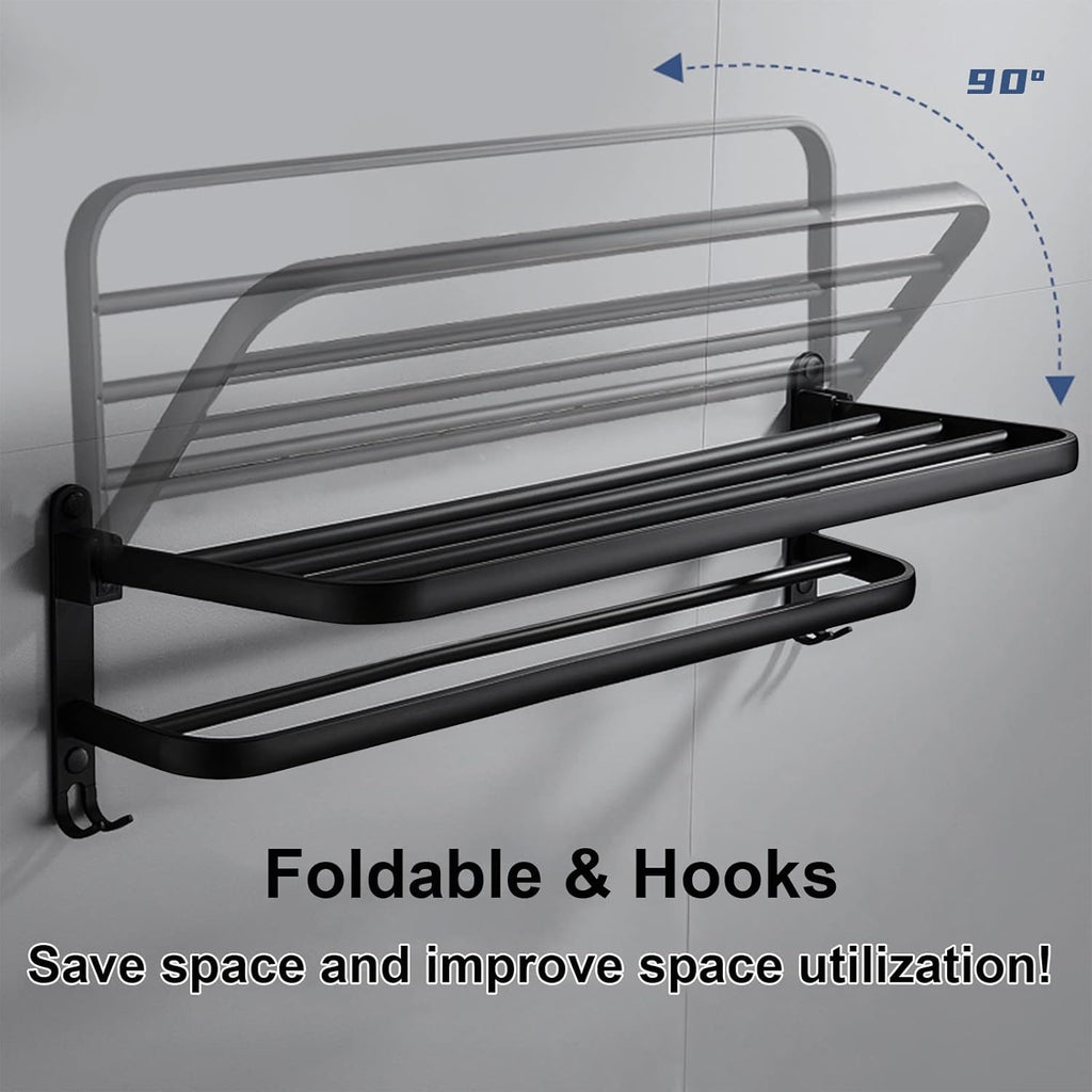 Towel Racks for Bathroom, Black Towel Bar for Bathroom with Double Shelf, Bathroom Towel Rack Wall Mounted 2 Tier, Bathroom Accessories, Space Aluminum, 24 Inch