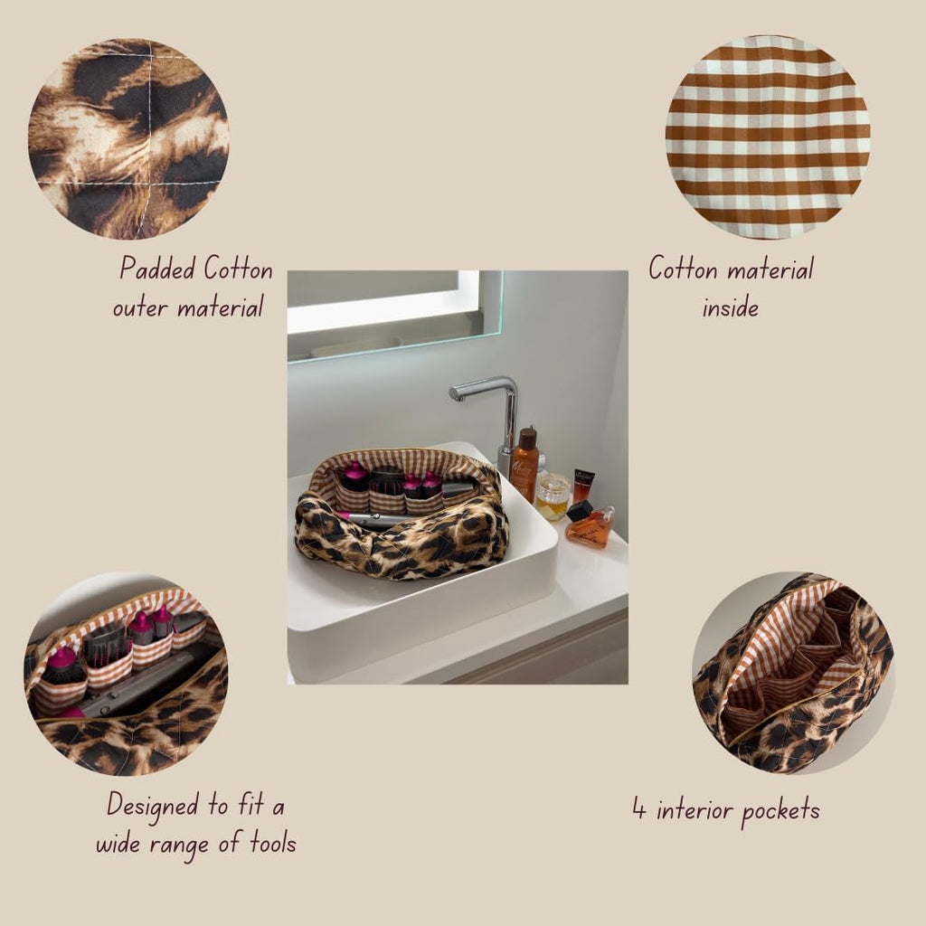 Travel Bag for Hair Tools&Attachments–Compatible with Dyson ,Shark, Travel Storage Bag, Portable Travel case Organizer,multifaction Large Pink Cosmetic Bag with Pockets, leo print,