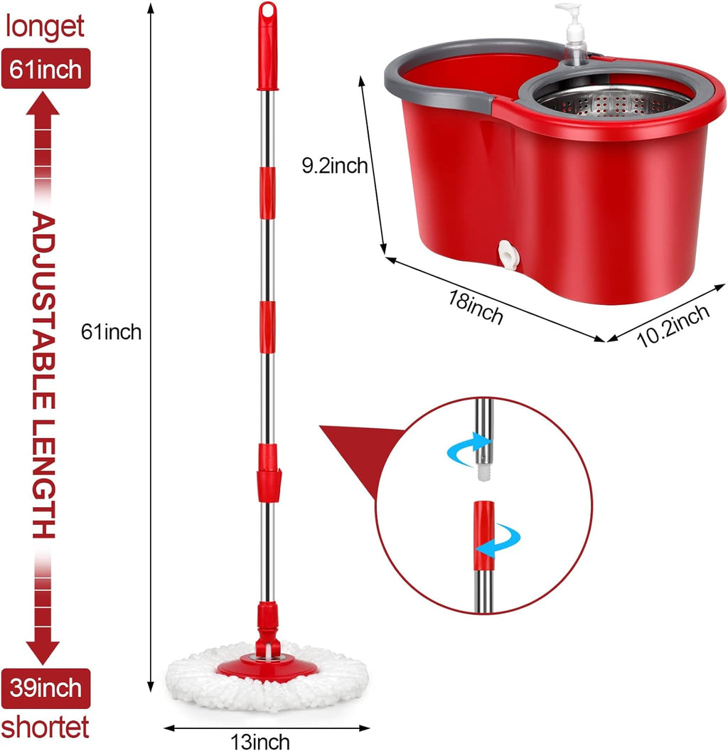 Spin Mop and Bucket with Wringer Set，Mop and Bucket Set for Floor Cleaning with 3 Mop Refills 61 inches Telescoping Mop Rod for Office and Home use,Red,(360 Mop bucket)