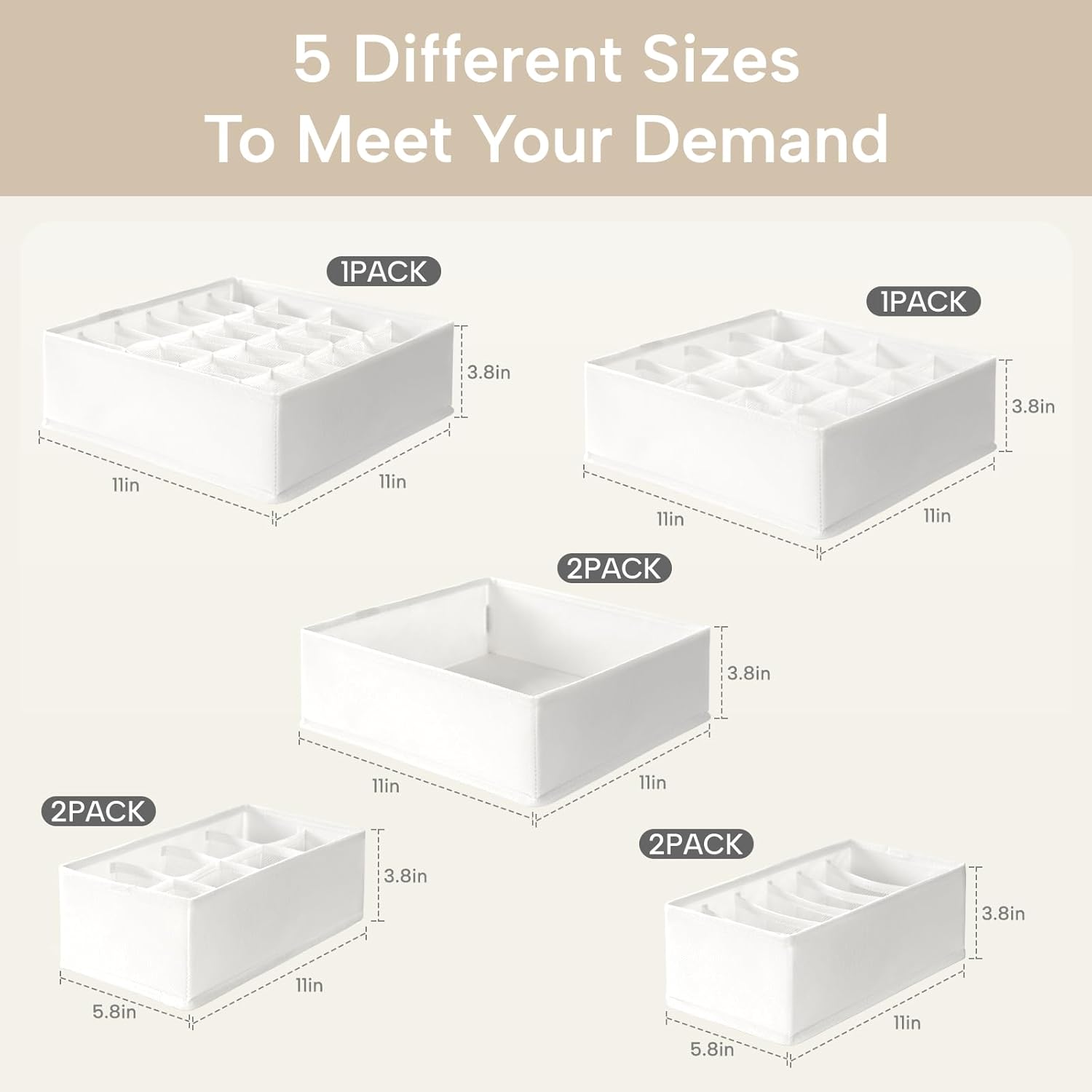 Underwear Sock Drawer Organizer Dividers 8 Set, Foldable Dresser Closet Organizers and Storage Bins for Baby Clothing, Sock, Underwear, Bra, Ties, Scarf (White)