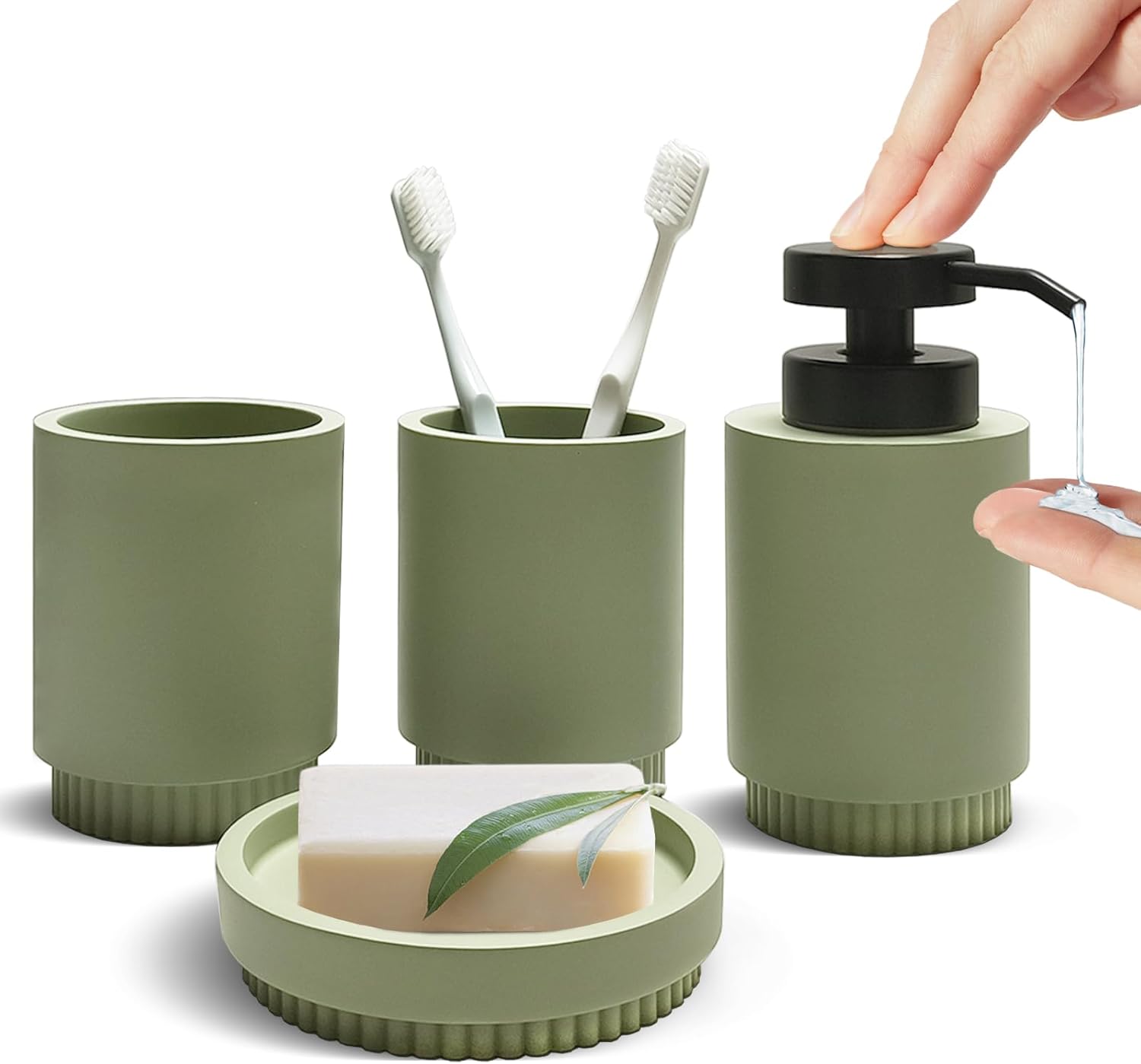 Resin Bathroom Accessories Set, 4 Pcs Modern Bathroom Accessory Set with Liquid Plastic Pump Lotion Soap Dispenser,2 Toothbrush Cup, Soap Dish Countertop Vanity Organizer(Sage Green)