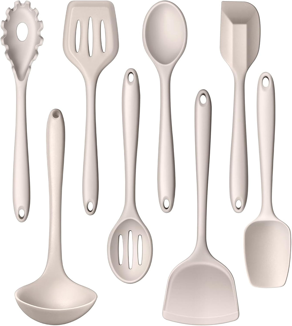 8Pcs Kitchen Cooking Utensils Set, Silicone Cooking Utensil Set, Heat Resistant Kitchen Tools for Nonstick Cookware, Includes Silicone Spatula, Spoon, Ladle, Turner, Dishwasher Safe, Khaki