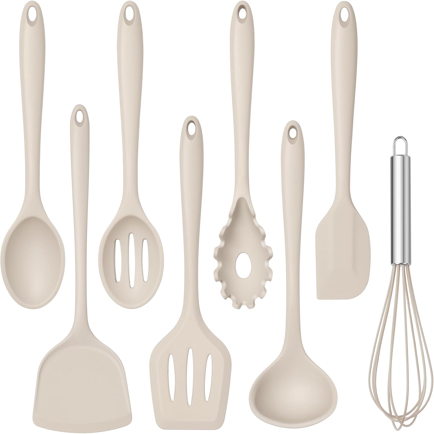 8 PCS Silicone Cooking Utensils - 446°F Heat Resistant Kitchen Silicon Utensils Set, Turner, Spatula, Spoon, Whisk, Kitchen Cooking Gadgets Tools for Nonstick Cookware, Dishwasher Safe-Khaki
