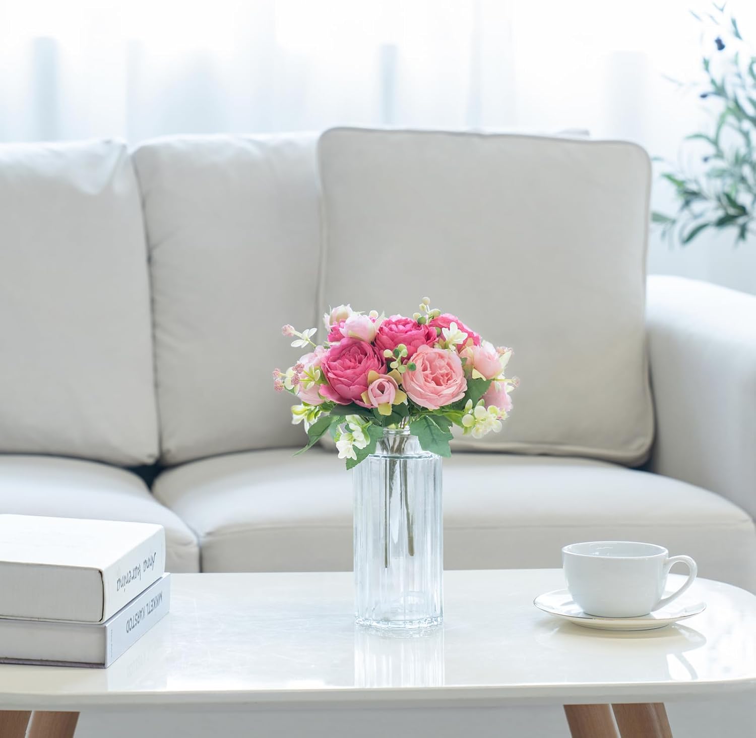 Peonies Artificial Flowers, Small Silk Flowers for Home Decor Indoor Fake Bouquet Faux Floral Arrangements Dining Table Centerpieces for Kitchen Bridal Wedding Party Decor (2, Mixed Pink)