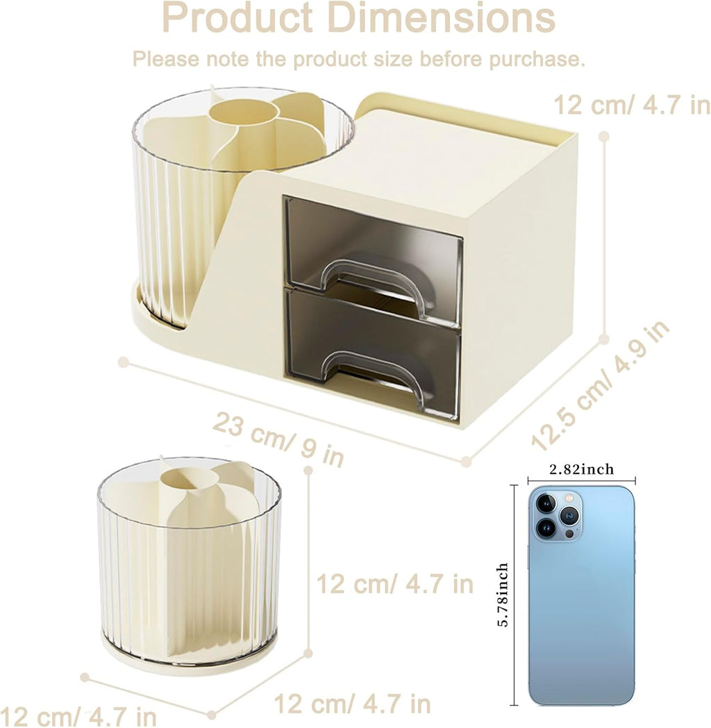 Rotating Desk Organizer with 2 Drawer 6 Slots Multi-Functional Pencil Pen Holder Desktop Makeup Organizer Stationery Accessories Storage Box Caddy for Office School Home Art Supplies (White)