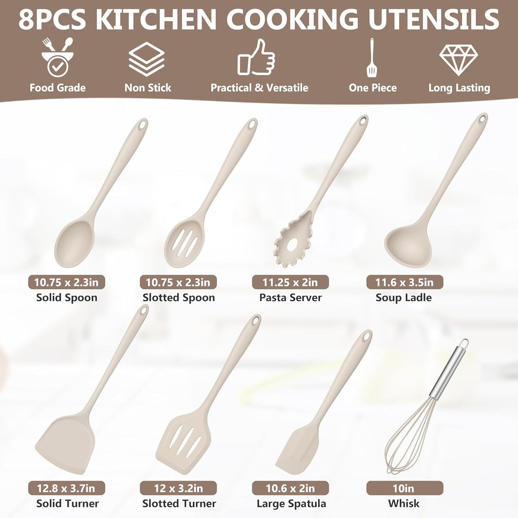8 PCS Silicone Cooking Utensils - 446°F Heat Resistant Kitchen Silicon Utensils Set, Turner, Spatula, Spoon, Whisk, Kitchen Cooking Gadgets Tools for Nonstick Cookware, Dishwasher Safe-Khaki