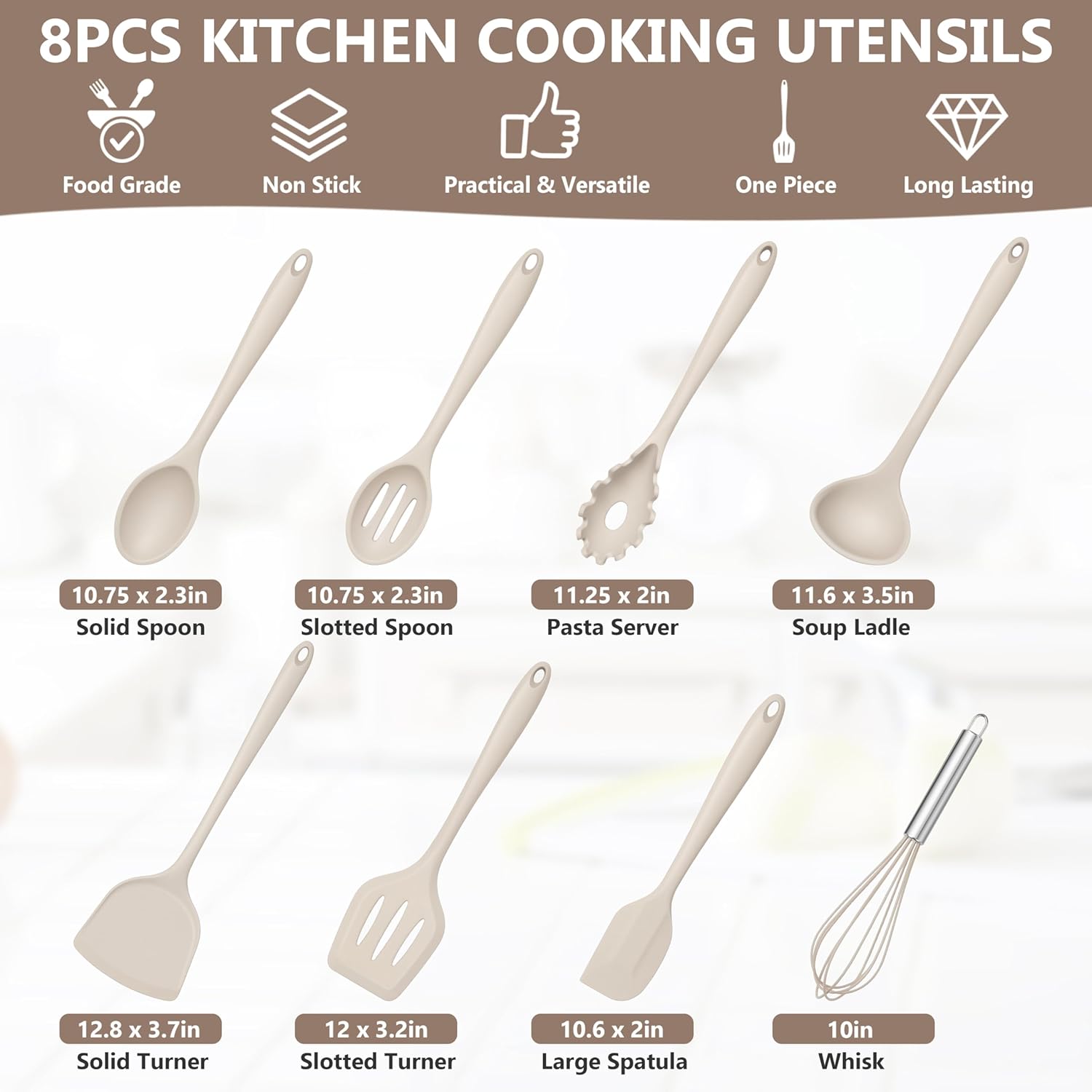 8 PCS Silicone Cooking Utensils - 446°F Heat Resistant Kitchen Silicon Utensils Set, Turner, Spatula, Spoon, Whisk, Kitchen Cooking Gadgets Tools for Nonstick Cookware, Dishwasher Safe-Khaki