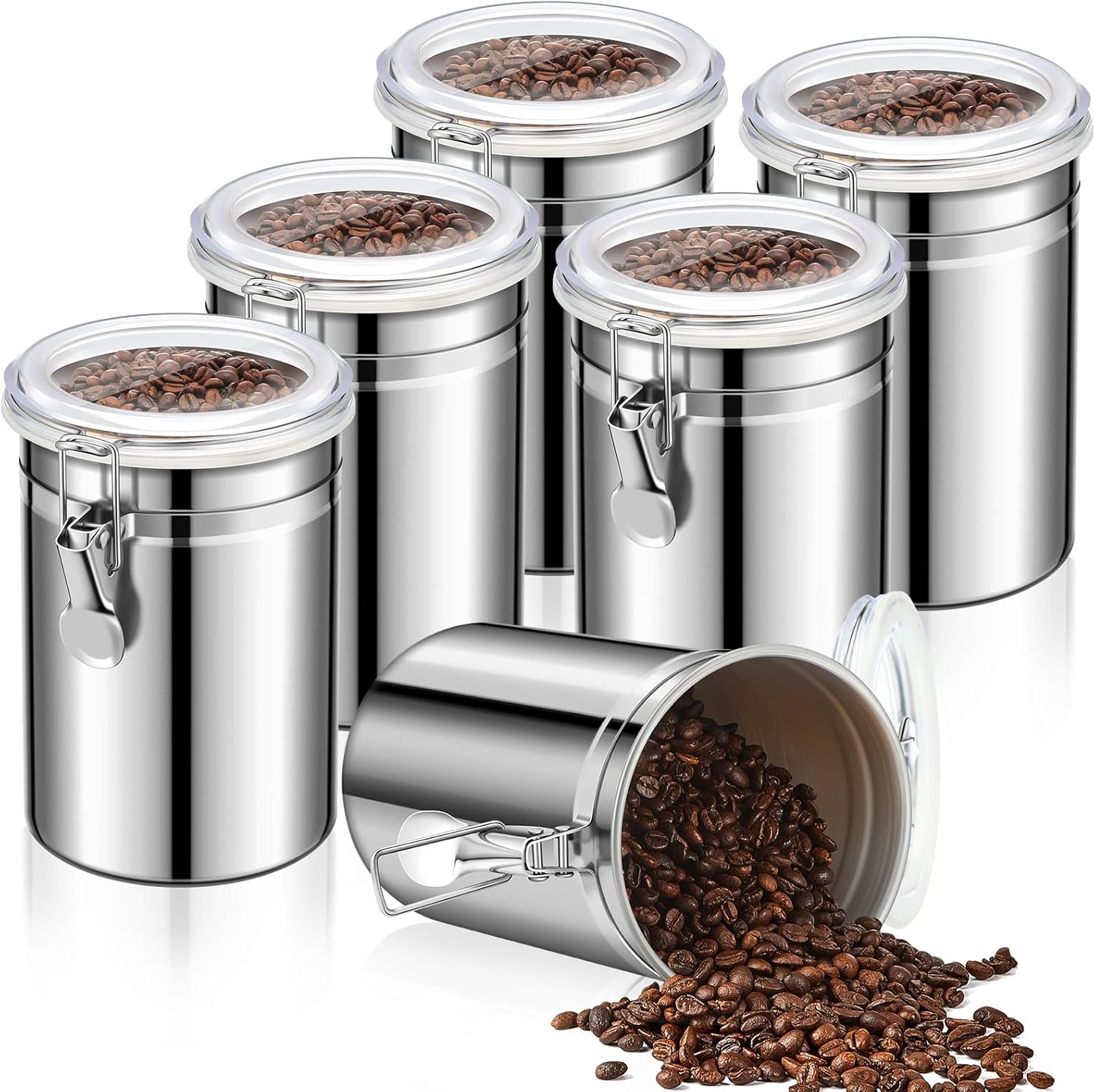 3 Pcs Stainless Steel Kitchen Canisters 62 fl oz Metal Food Storage Coffee Container with Clear See Airtight Clamp Lids for Loose Tea Sugar Ground Coffee Beans Flour Snacks Pantry