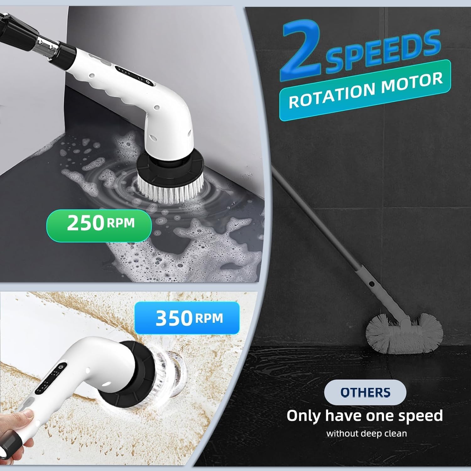 Electric Spin Scrubber Bathroom - Adjustable Handle Cordless Shower Scrubber, 2 Speeds, Bathroom Scrubber with 8 Replaceable Brush Heads, Power Scrubber for Bathtub Cleaning