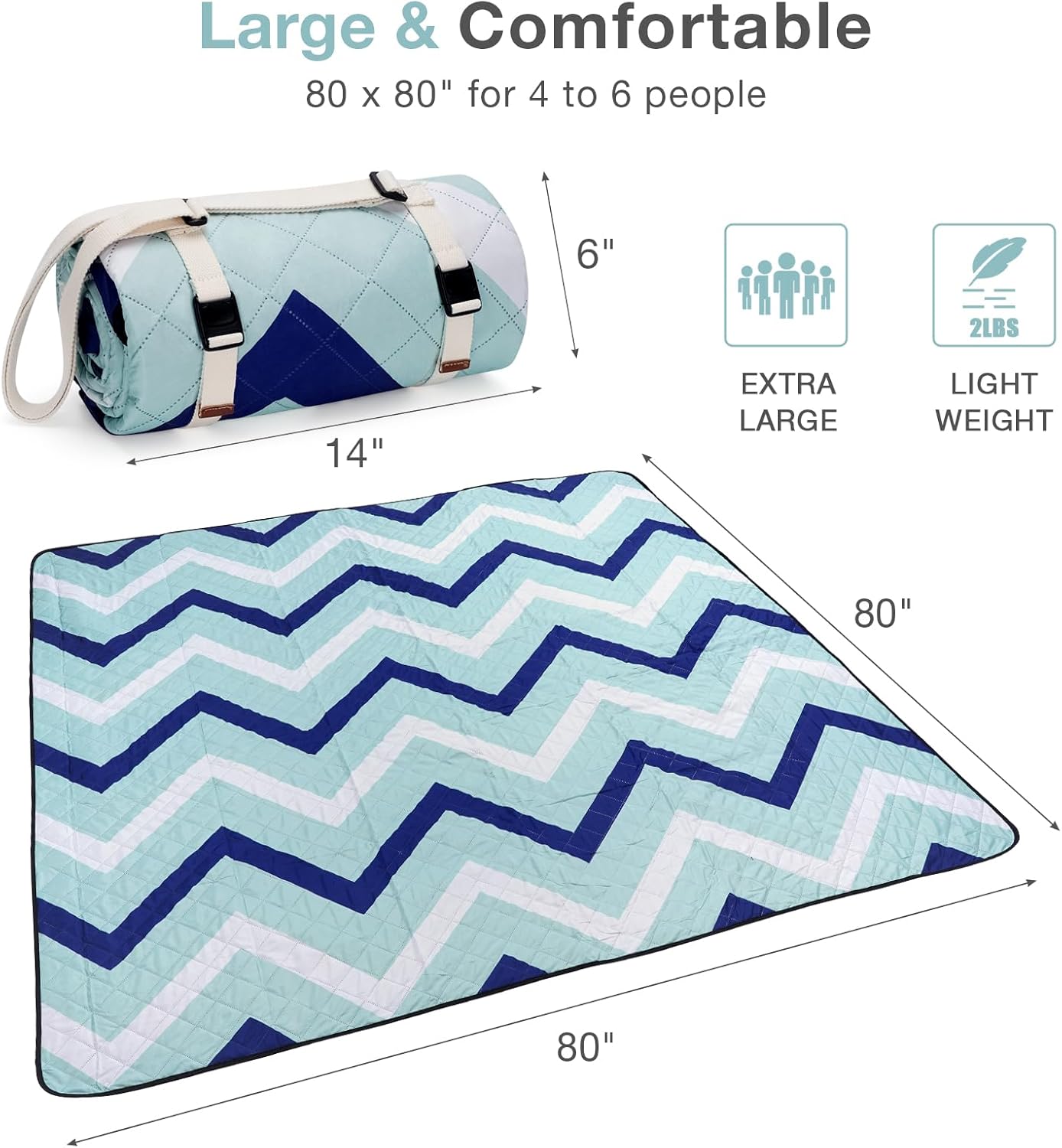 Picnic Blanket, 80''x80'' Waterproof Outdoor Blankets, Picnic Mat Washable for Beach, Picnic Blankets for Camping on Grass with Shoulder Strap - Chevron