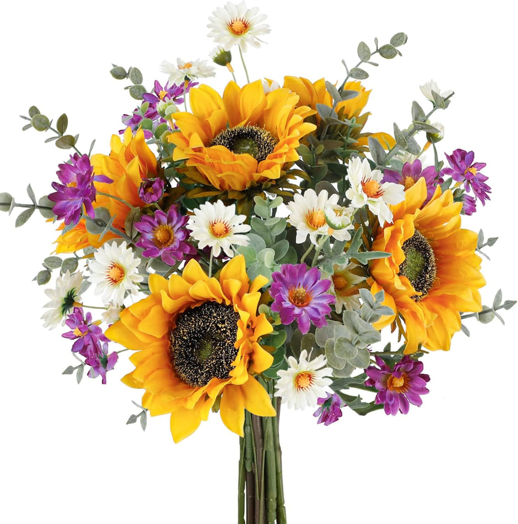 Artificial Sunflowers Bouquet Fake Cemetery Flower Bouquet with Sunflowers for Bridal Bouquets Wedding Centerpieces Decor Party Table Gravesites Fall Floral Arrangements Home Decoration