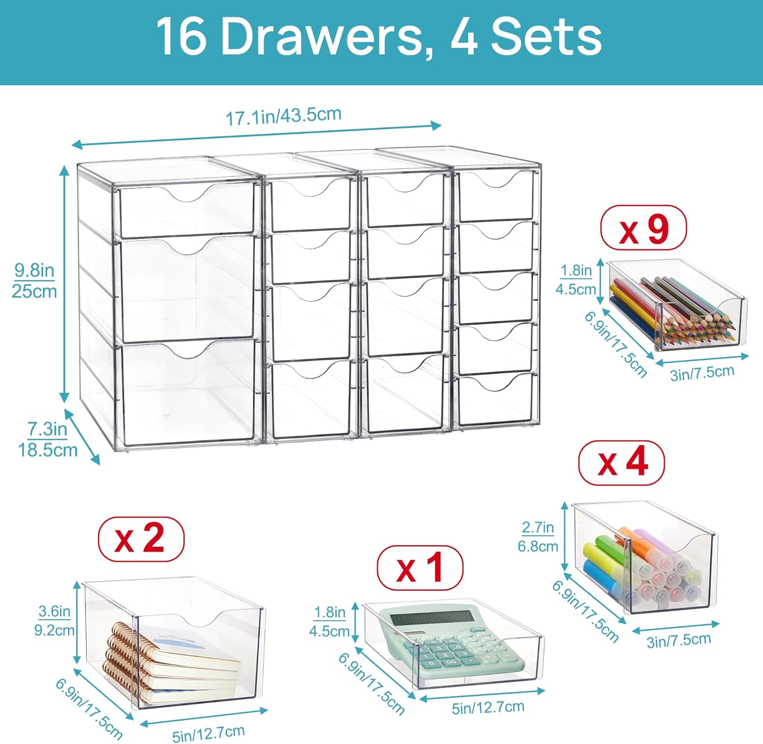 Acrylic Organizer with 16 Drawers (4 Set),Clear Storage Drawers for Office Supplies,Desk Organization and Storage for Makeup,Jewelry,Art Crafts