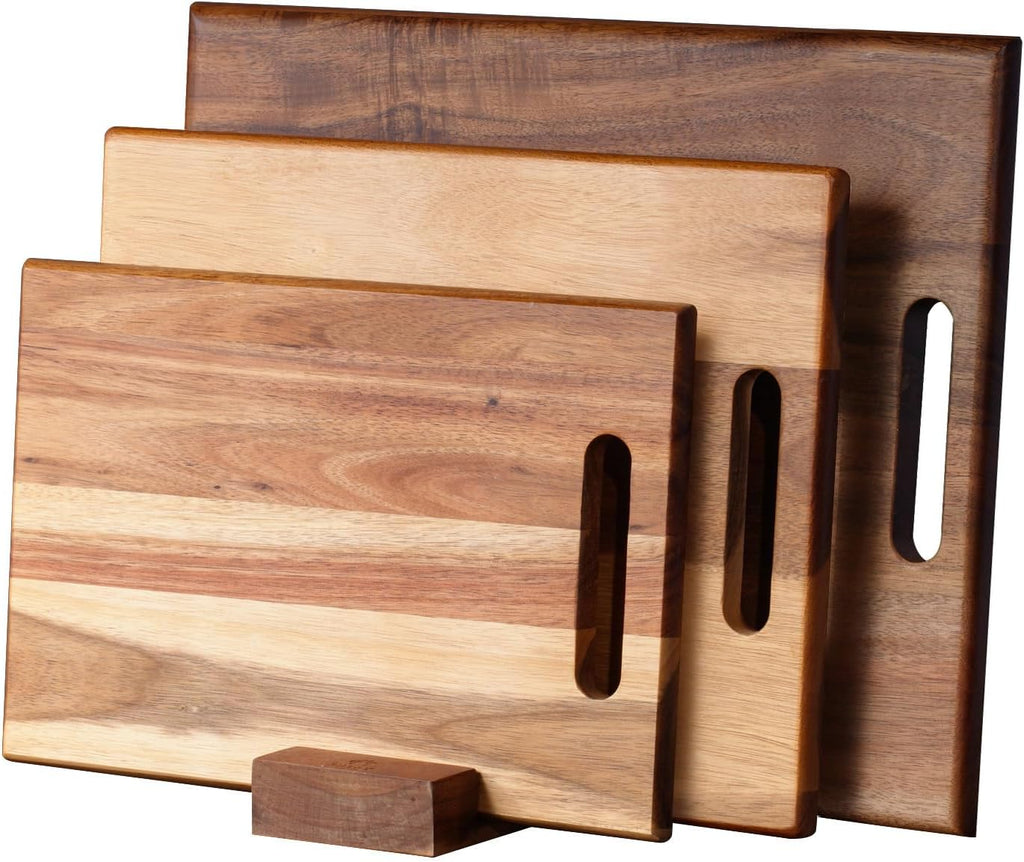 Acacia Wood Cutting Boards Set of 3 PCS for Kitchen, Large Wooden Cutting Board Set with Handle, Thick Chopping Board, Butcher Block Wooden Trays for Meat, Fruit Vegetable and Cheese