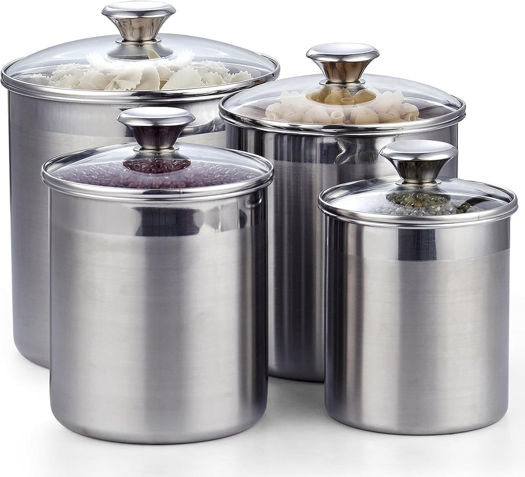 Stainless Steel Food Jar Storage Canister Set Large 4-Piece, 1.6qt/2.5qt/3.5qt /5qt Airtight Containers with Glass Lid for Tea Coffee Sugar Flour Pantry Kitchen Counter