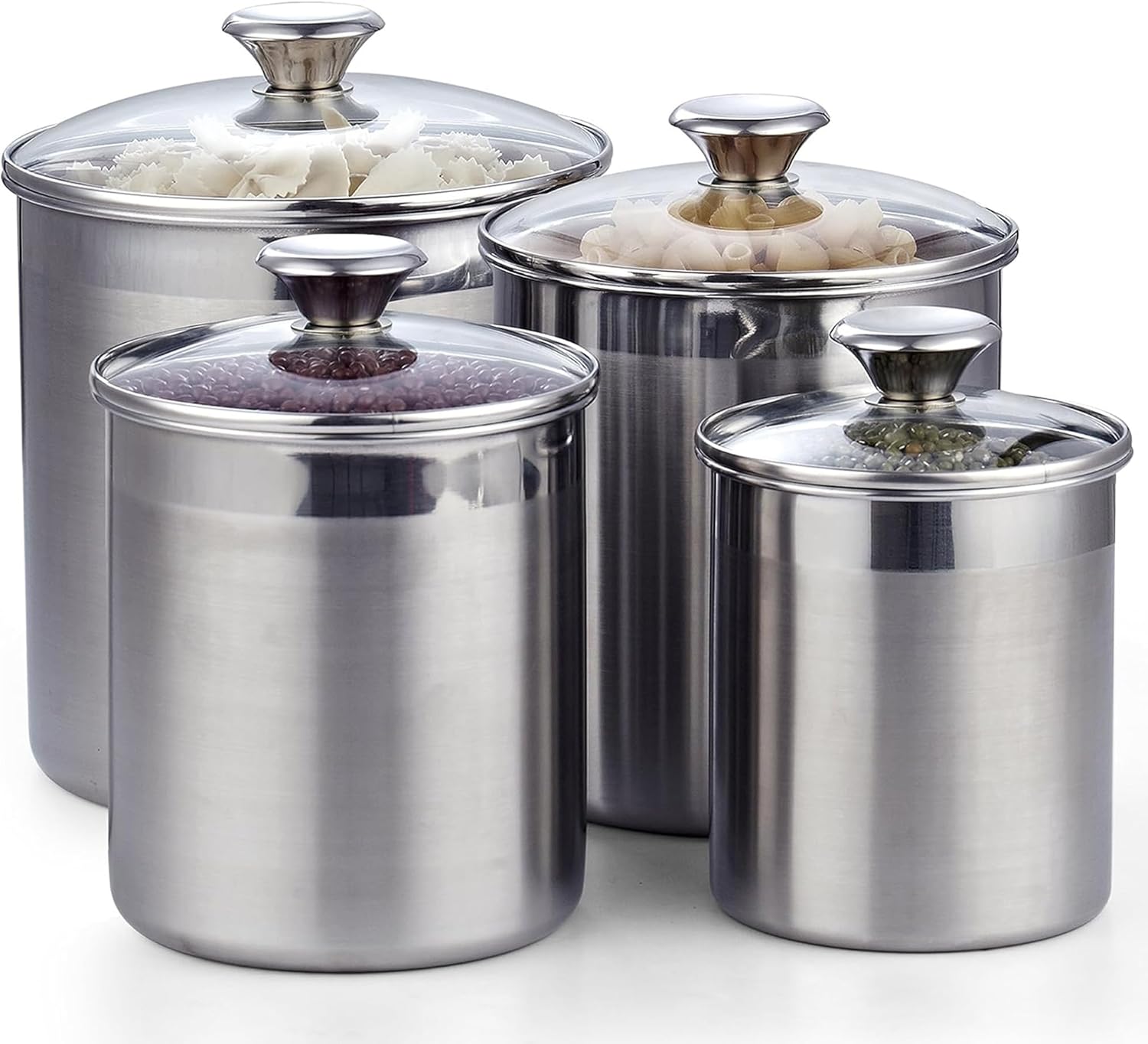 Stainless Steel Food Jar Storage Canister Set Large 4-Piece, 1.6qt/2.5qt/3.5qt /5qt Airtight Containers with Glass Lid for Tea Coffee Sugar Flour Pantry Kitchen Counter