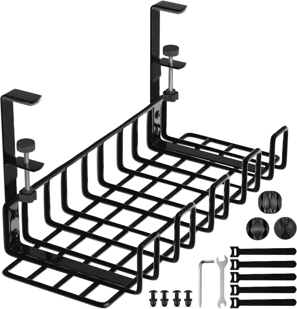 Under Desk Cable Management Tray, 16” No Drill Cord Organizer with Clamps for Wire Management, 4mm Sturdy Wire Desk Cable Organizer Tray, Cable Management Rack for Office