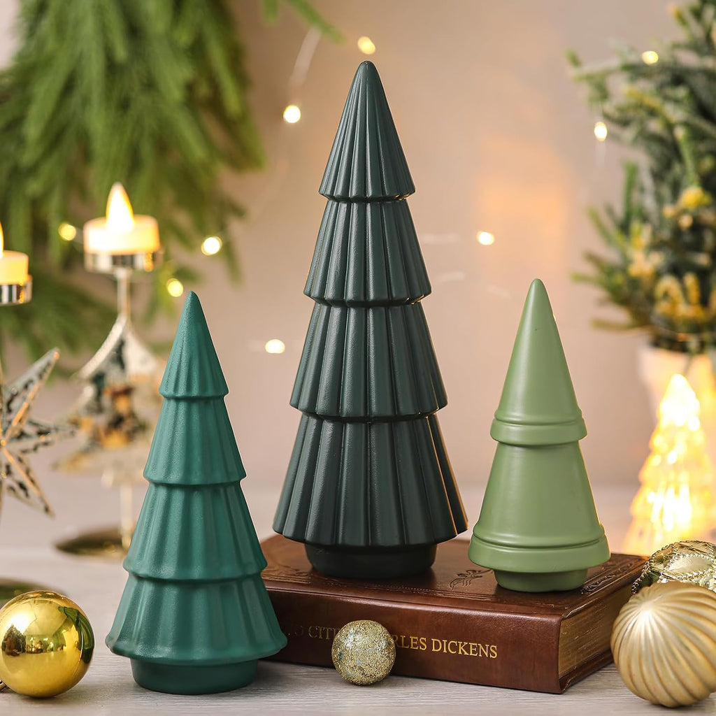 3 Pcs Neutral Christmas Tree Figurines,Minimalism Resin Christmas Tree Ornament Tabletop,Modern Matte Xmas Trees Table Centerpiece for Home Winter Mantel Indoor Holiday Decoration(Green)