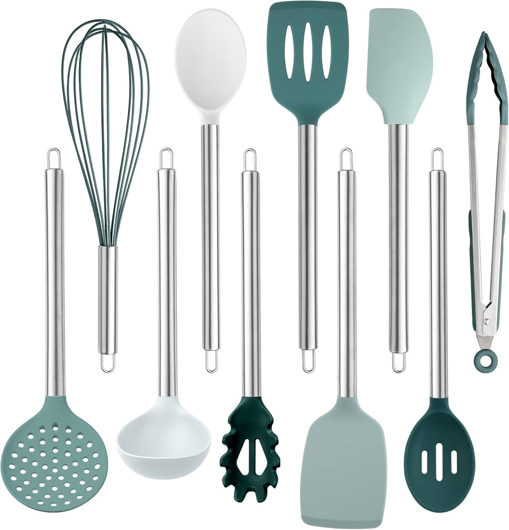 Silicone Cooking Utensils, Kitchen Utensil Set, Easy to Clean Silicone Kitchen Utensils, Cooking Utensils for Nonstick Cookware, Kitchen Gadgets Set, 10 Pieces, Teal