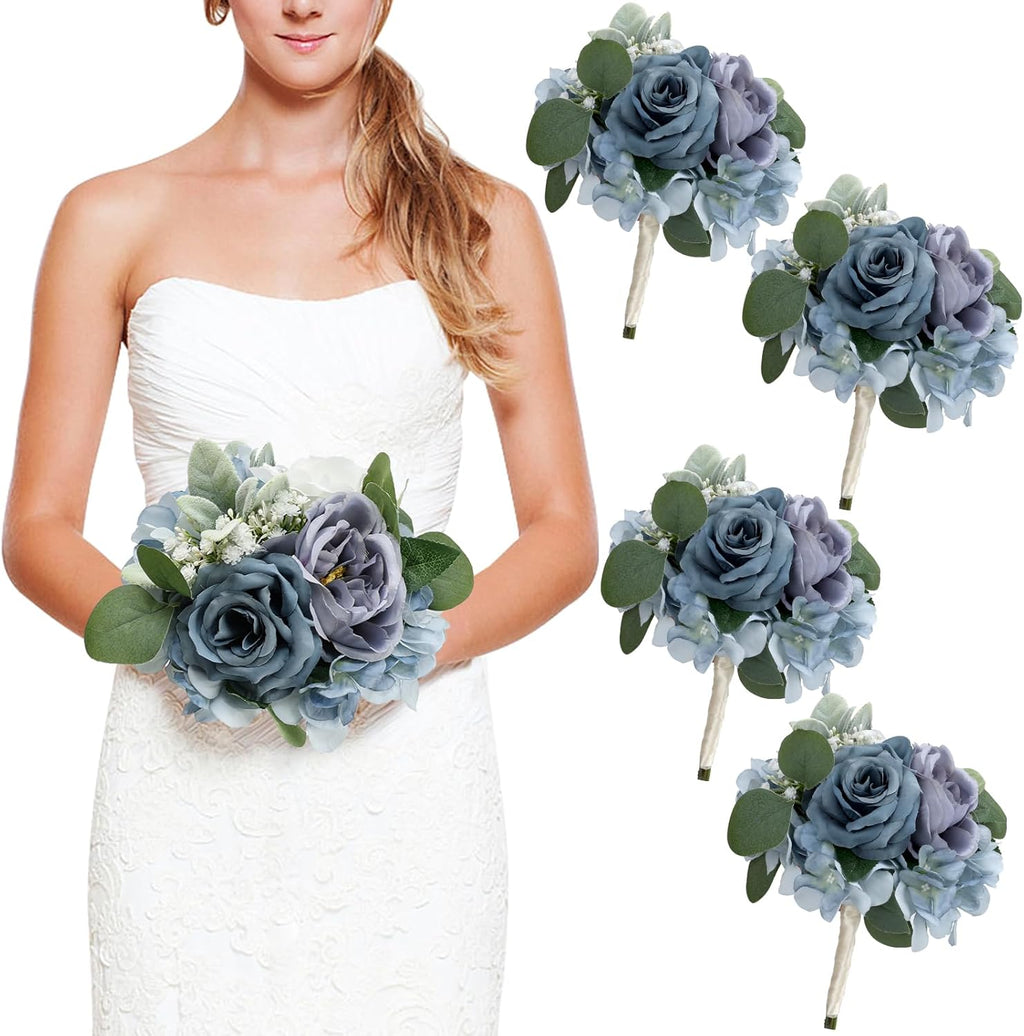 7 Inch Bridesmaid Bouquets Set of 4, Artificial Flower Wedding Bouquets for Bridesmaids Realistic Small Rose Bouquet for Vintage Rustic Country Boho Wedding Decorations - Dusty Blue & White