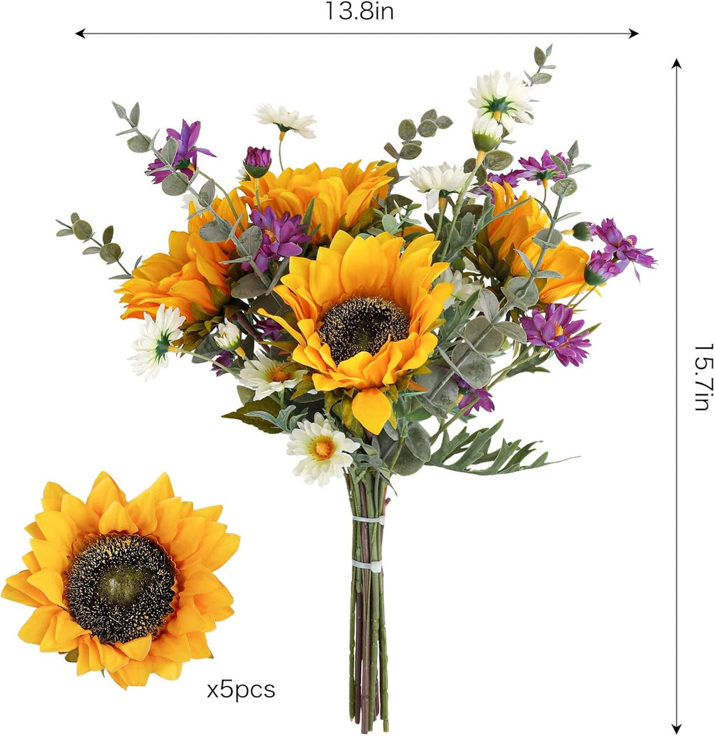 Artificial Sunflowers Bouquet Fake Cemetery Flower Bouquet with Sunflowers for Bridal Bouquets Wedding Centerpieces Decor Party Table Gravesites Fall Floral Arrangements Home Decoration