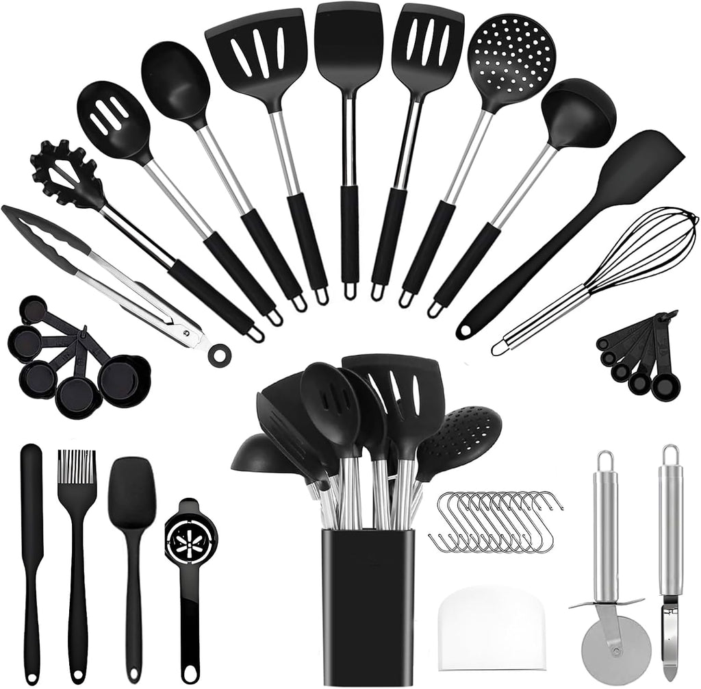 Kitchen Utensils Set Silicone Cooking, 40 Pcs Black Stainless Steel Metal, Spaghetti Spoon Cookware Utensils, Rubber Tools Nonstick Kitchenware Can Withstand Temperatures Up To 446°F, Dishwasher Safe