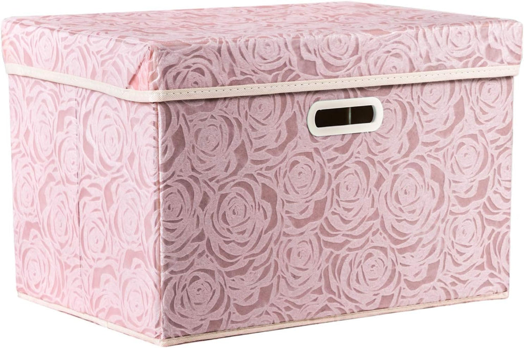 Larger Collapsible Storage Bin with Lid [1-Pack] Fabric Decorative Storage Box Cube Organizer Container Baskes with Handles Divider for Bedroom Closet Living Room Pink 17.7x11.8x11.8 Inch