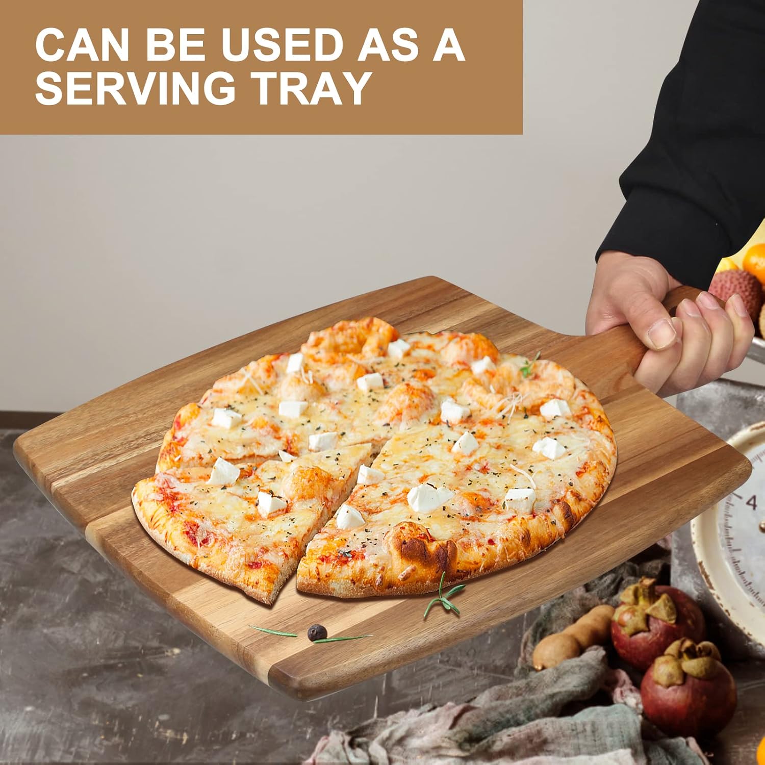 Large Acacia Wood Cutting Board with Handle 17"x13" Big Wooden Charcuterie Boards Butcher Block Meat Cutting Boards for Kitchen Decor Bread Cheese Serving Platter Thick Teak Chopping Board Food Tray