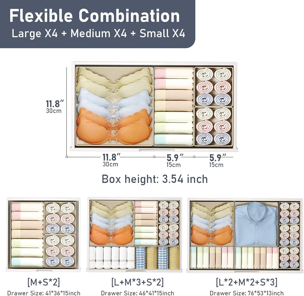 Drawer Organizer Clothes, 12 Pack Dresser Organizer, Foldable Closet Organizers and Storage, Fabric Dresser Bins, Drawer Dividers for Nursery, Baby Clothes, Underwears, Sock (Beige)