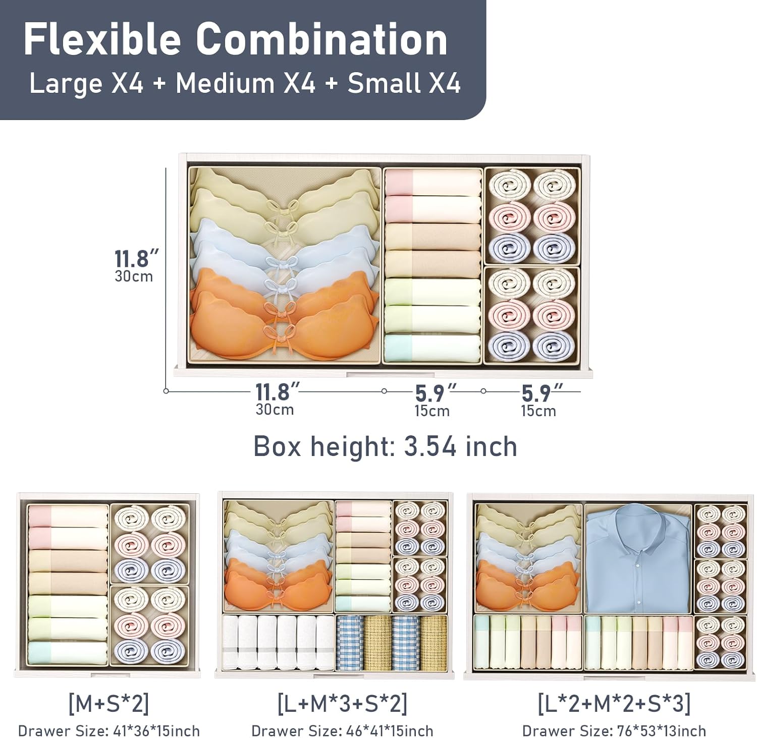 Drawer Organizer Clothes, 12 Pack Dresser Organizer, Foldable Closet Organizers and Storage, Fabric Dresser Bins, Drawer Dividers for Nursery, Baby Clothes, Underwears, Sock (Beige)