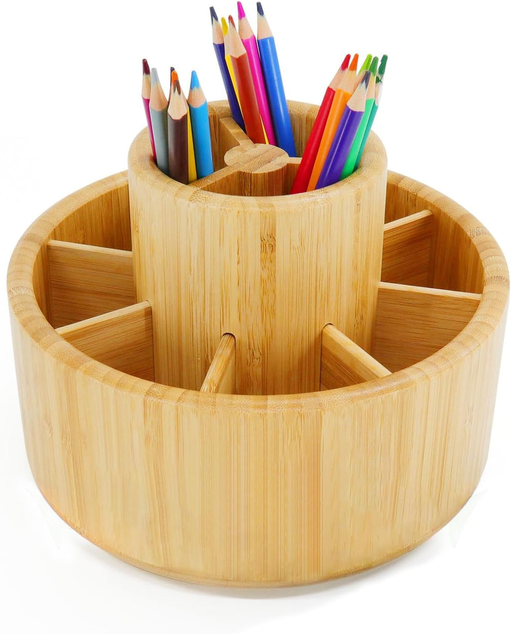 Bamboo Rotating Art Supply Desk Organizer, Pencil Holder Organizer, Desktop Storage Caddy for Pen, Colored Pencil, Crayon, Paint Brushes, Art Studio&Office