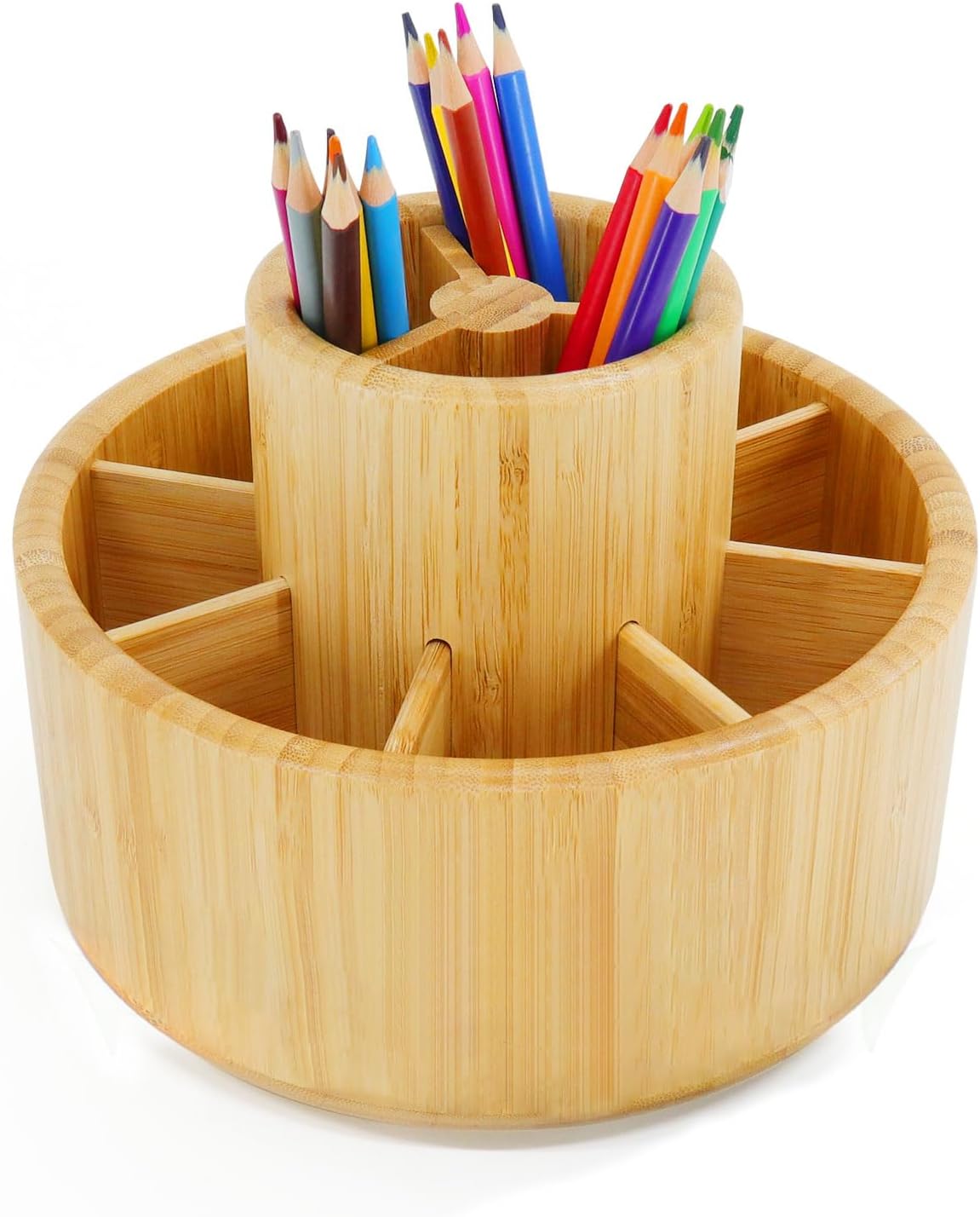 Bamboo Rotating Art Supply Desk Organizer, Pencil Holder Organizer, Desktop Storage Caddy for Pen, Colored Pencil, Crayon, Paint Brushes, Art Studio&Office