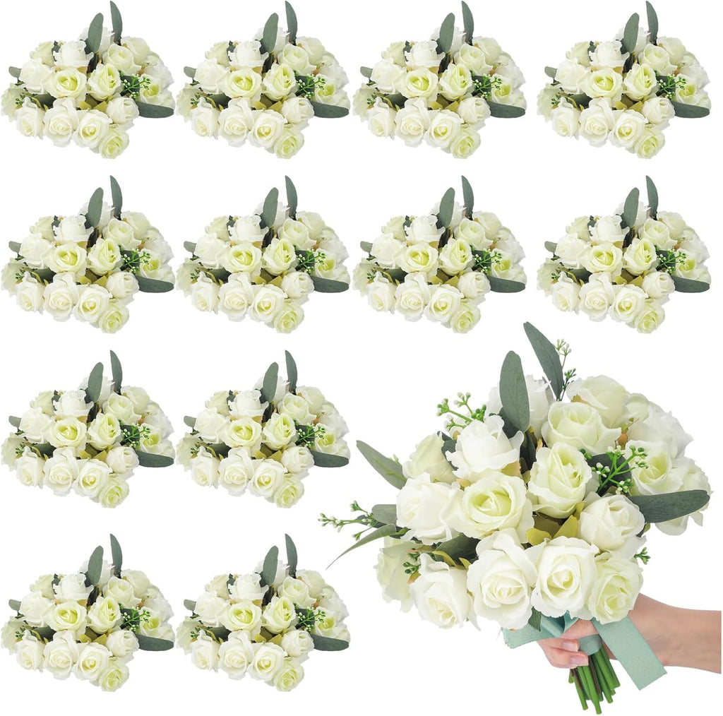 12 Pack Wedding Bridesmaids Bouquets 7 Inch Artificial Rose Bouquets Silk Flowers with Stems Fake Floral Bundles Bulk for Wedding Bridal Shower Party Centerpieces Home Decor(White Green)