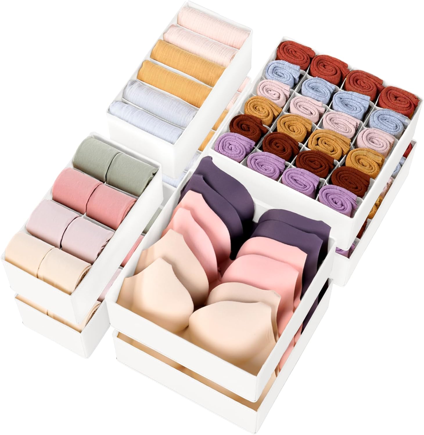 Underwear Sock Drawer Organizer Dividers 8 Set, Foldable Dresser Closet Organizers and Storage Bins for Baby Clothing, Sock, Underwear, Bra, Ties, Scarf (White)