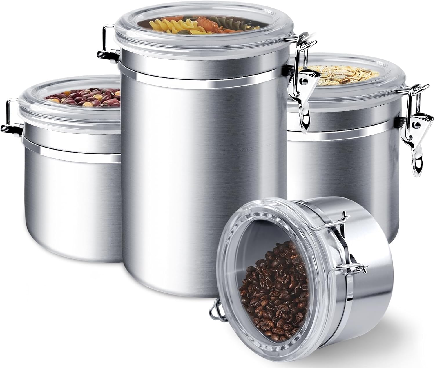 4-Piece Stainless Steel Airtight Food Storage Canister Set with Clear Lid, Containers Sets for Kitchen Counter for Sugar, Flour, Tea, Candy, Cookie, Spice, 28/32/38/65 oz