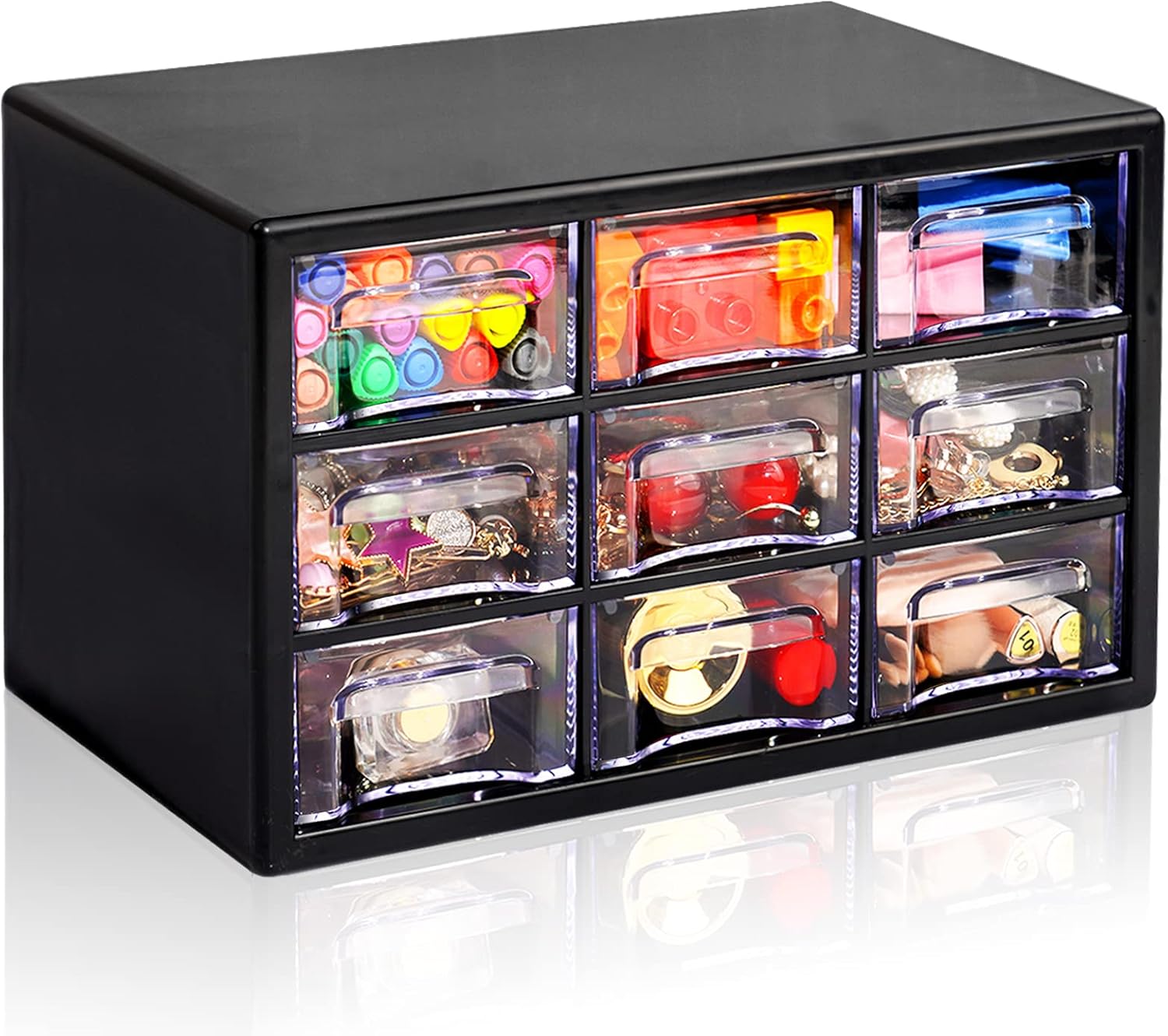 Desk Storage Organizer with 9 Drawers,  Stackable Desktop Craft Drawer Cabinet, Clear Storage Box Caddy for Makeup Jewelry Office Craft Supplies (9.84×6.3×5.9in) (Black)
